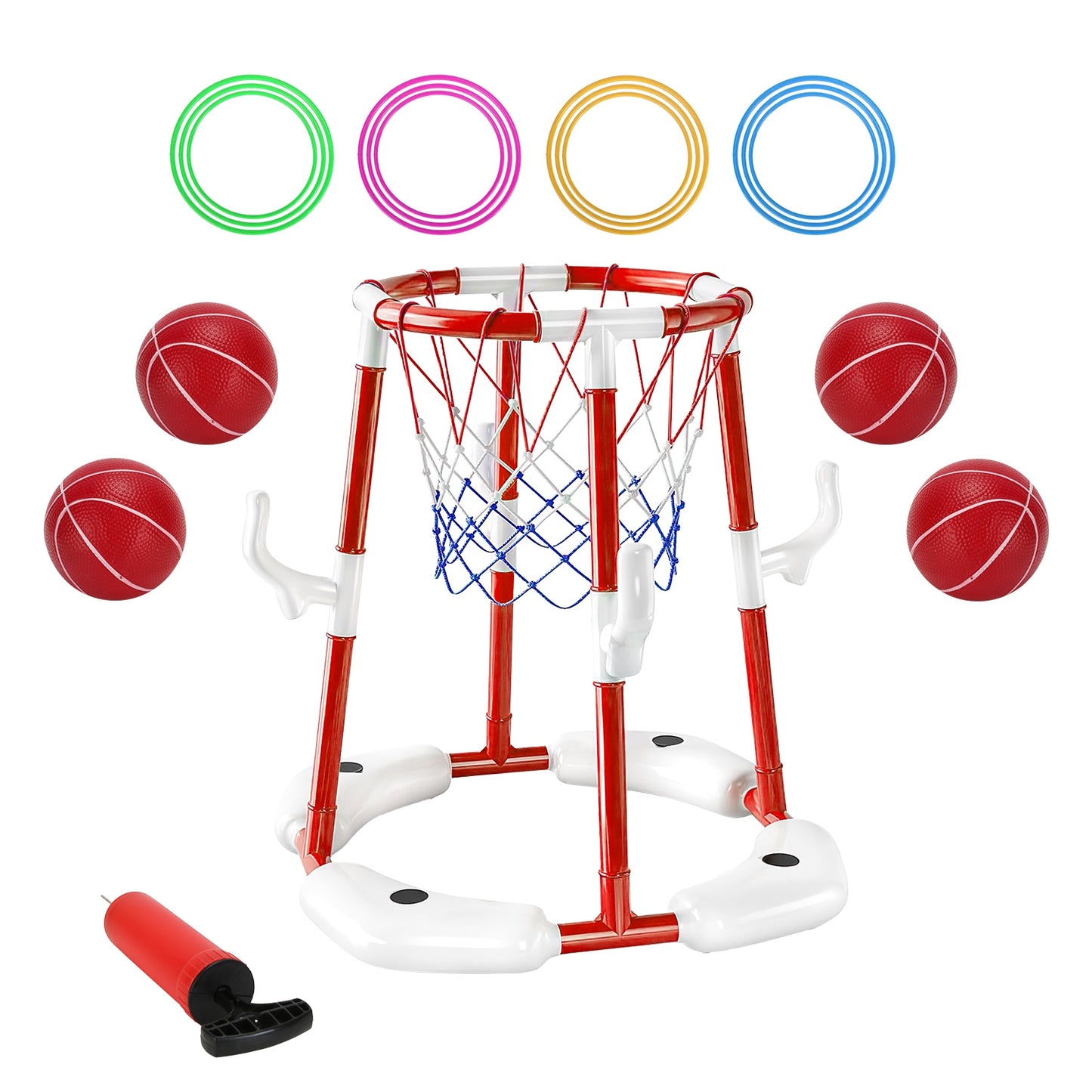 Floating Pool Basketball Hoop Set – 4 Balls & 4 Rings for Kids & Adults