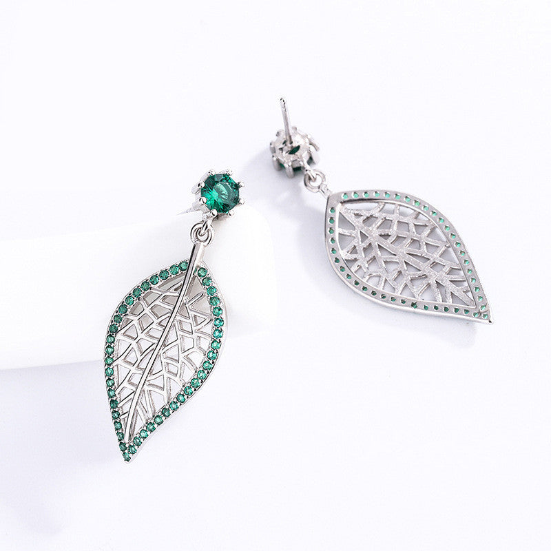 S925 Sterling Silver Jewelry Leaf Stud Earrings With Green Gems