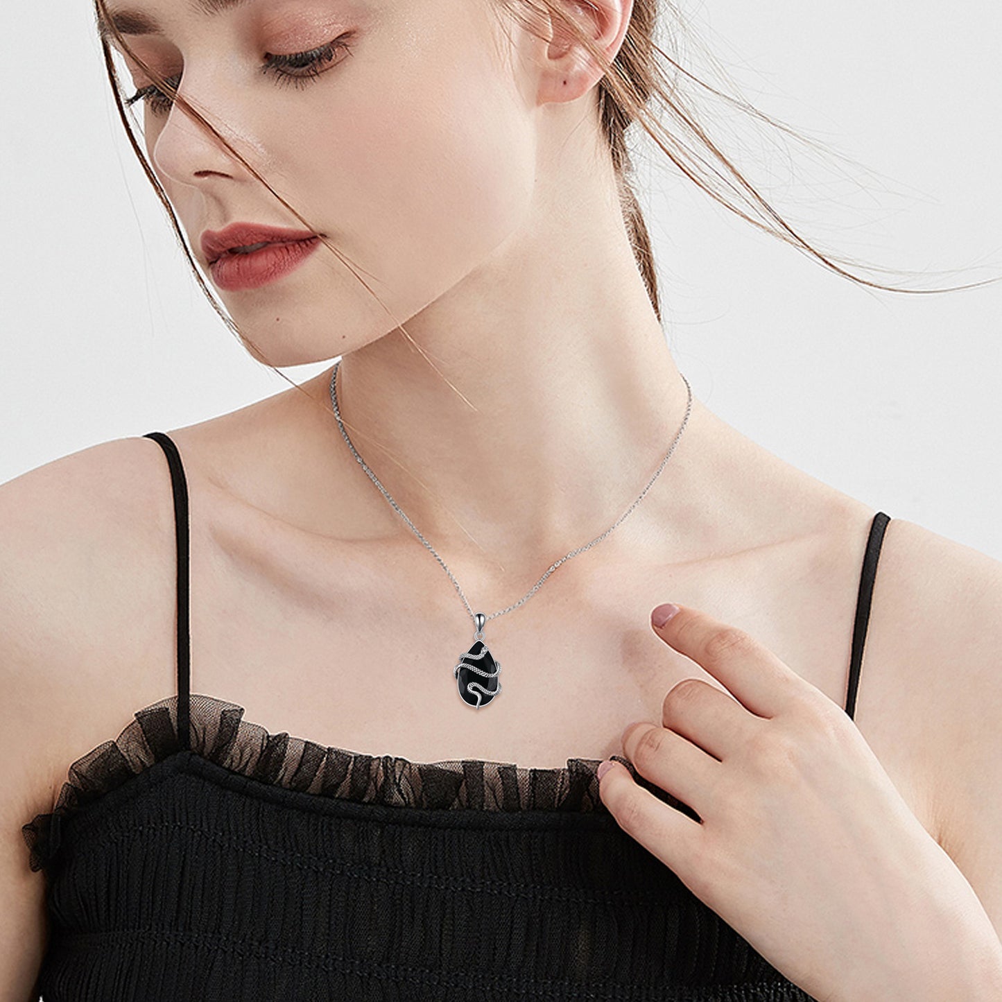 Sterling Silver Black Obsidian Tourmaline Crystal Snake Necklace