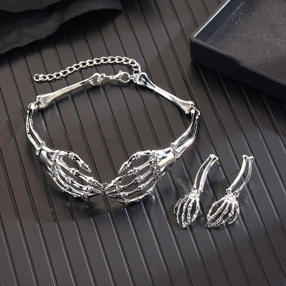 Metal Retro Skeleton Hand Necklace And Earrings Set