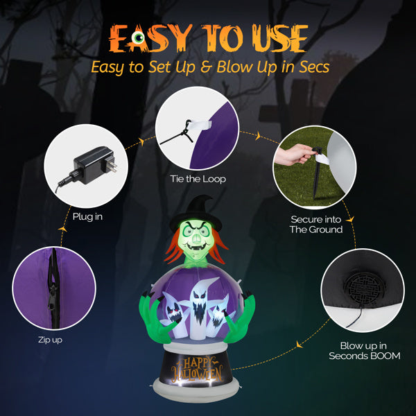 5.9ft Witch w/Crystal Ball With 3 LED Lights And 3 RGB Lights