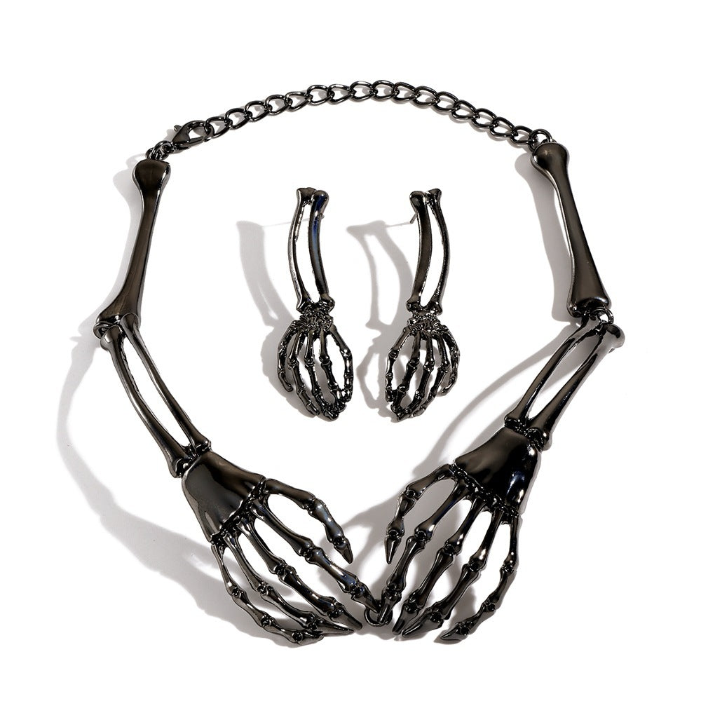 Metal Retro Skeleton Hand Necklace And Earrings Set