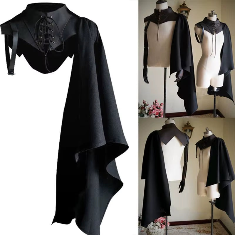 Medieval Black Cloak Single Shoulder Retro Gothic Punk Lace up Costume Crusader Gear for Adult