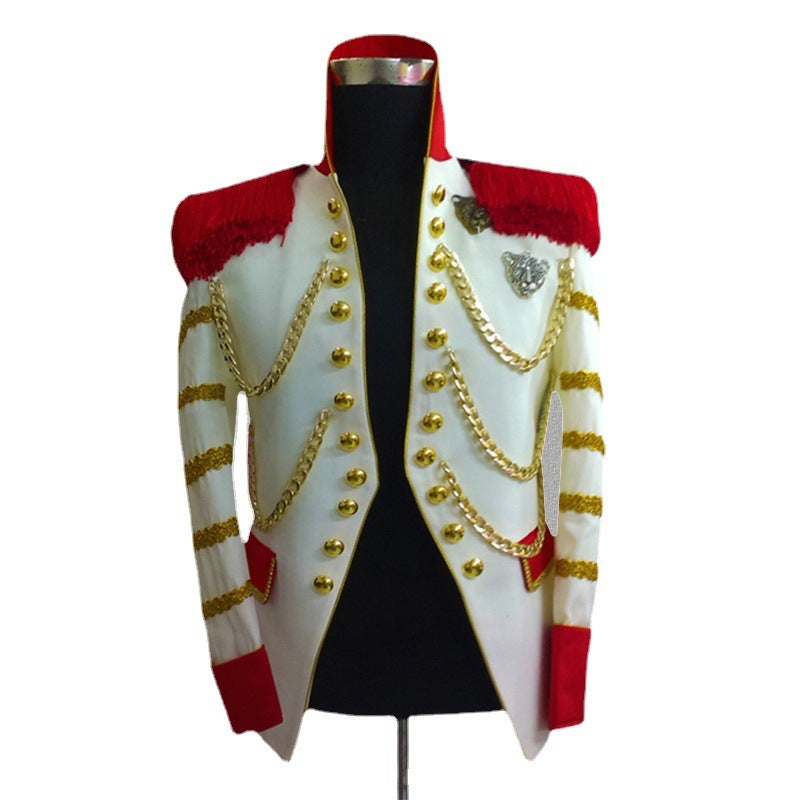 White Stage Wear Men's Costumes Dress Suit With Shoulder Tassel