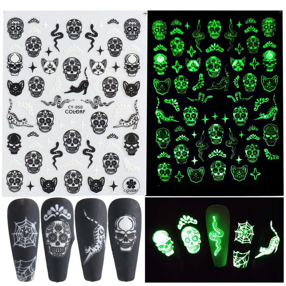 Nail Sticker Luminous Halloween Spider Skull Decal