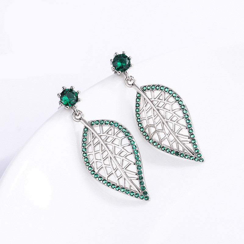 S925 Sterling Silver Jewelry Leaf Stud Earrings With Green Gems