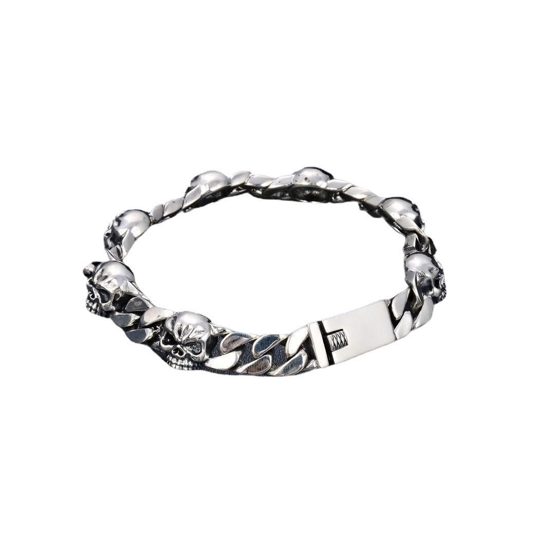 Sterling Silver Skull Bracelet Men's Punk Hand Jewelry
