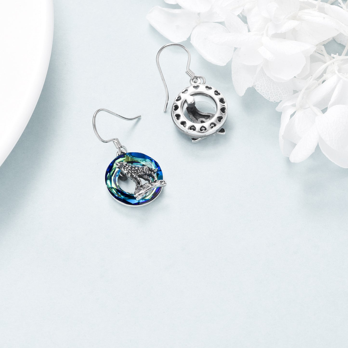 Sterling Silver Viking Wolf Earrings Necklace Jewelry with Crystal