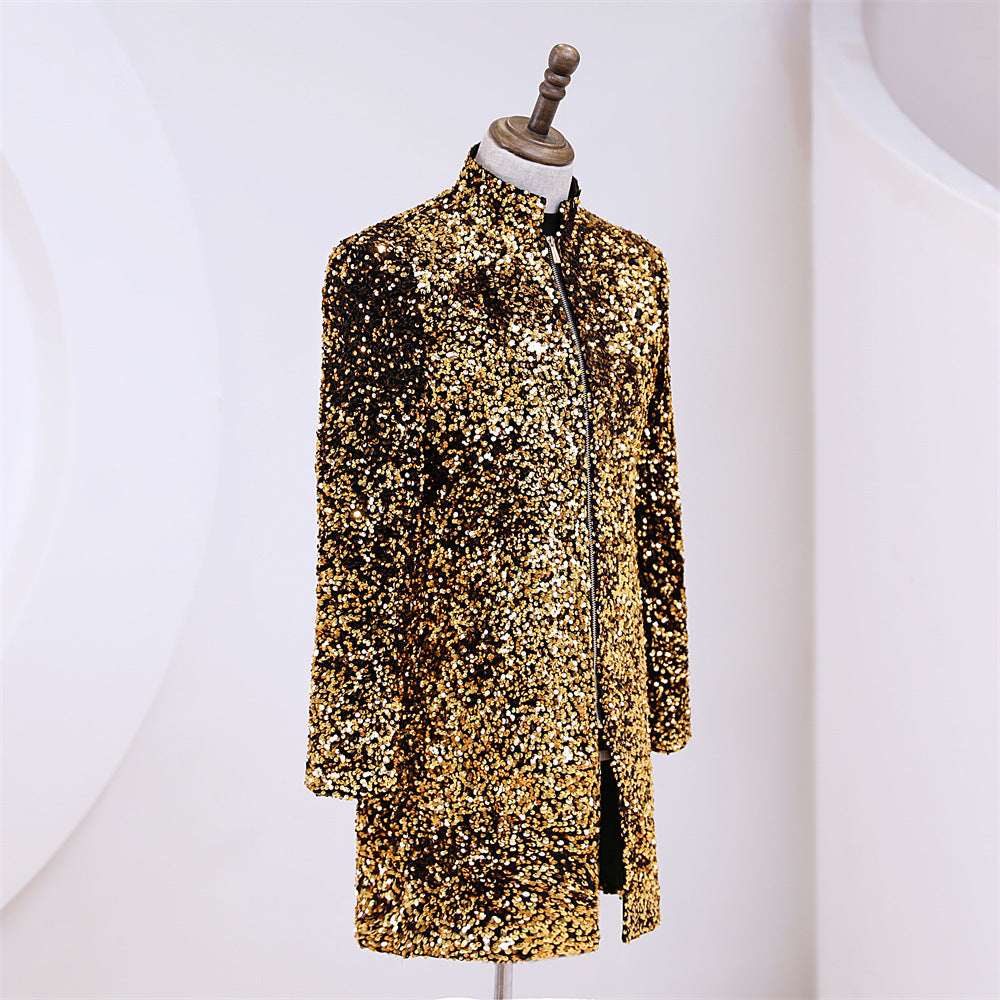 Men's Gold Sequin Zipper Jacket stand up collar