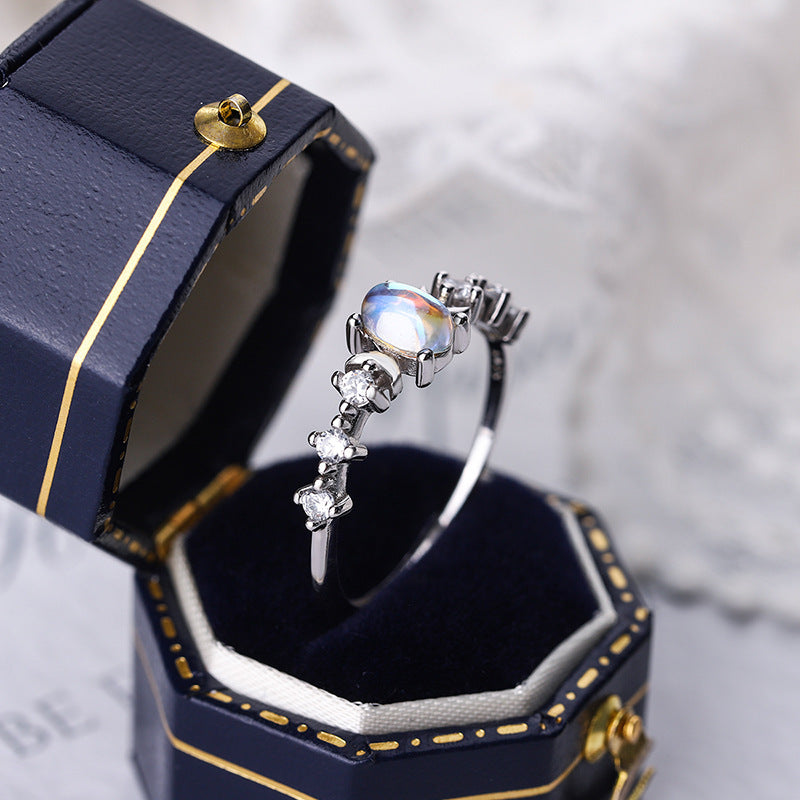S925 Sterling Silver Moonstone Ring Female Elegant Jewelry Opening