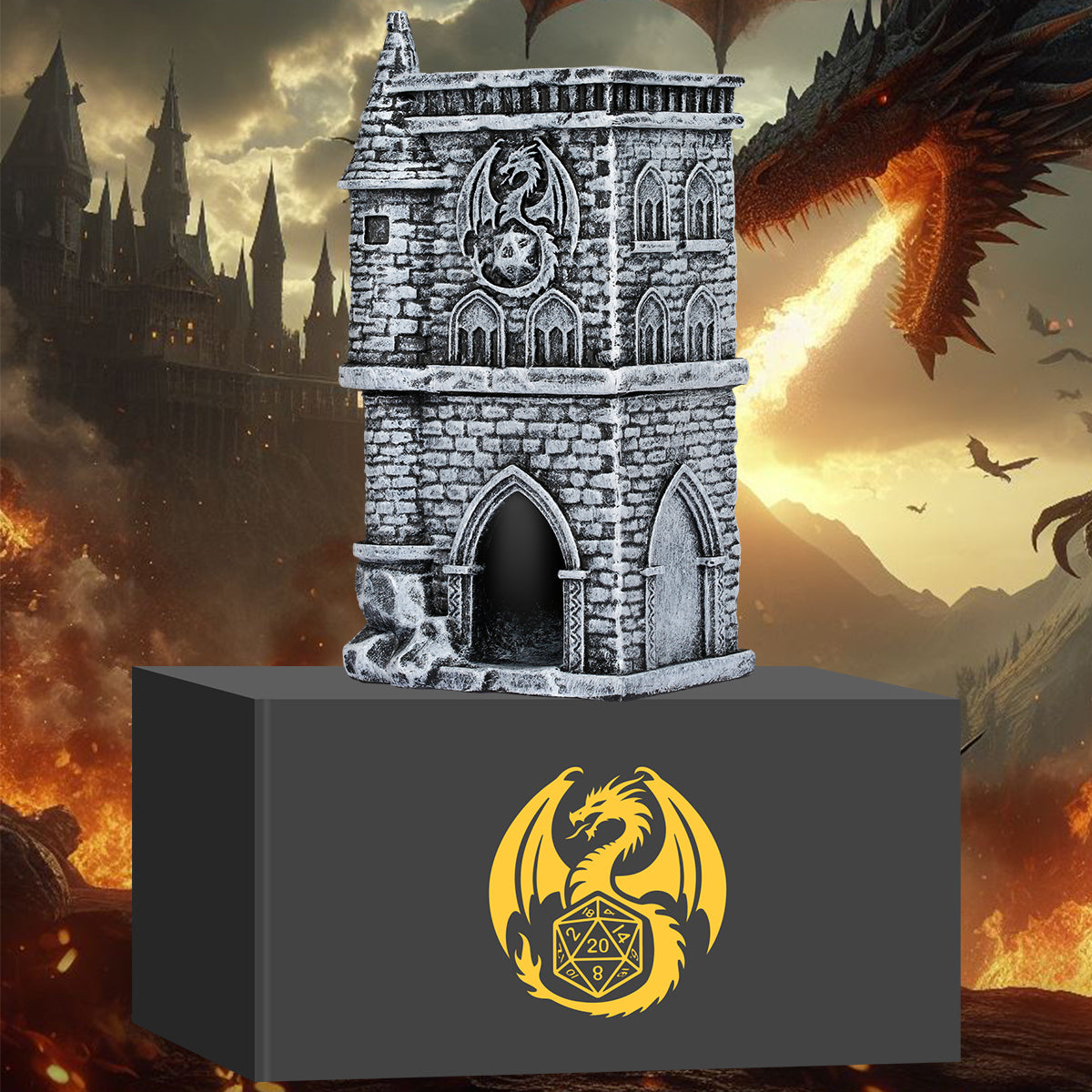 D20 Castle Resin Dice Tower Gift Box Set – Medieval Fantasy DnD Accessory