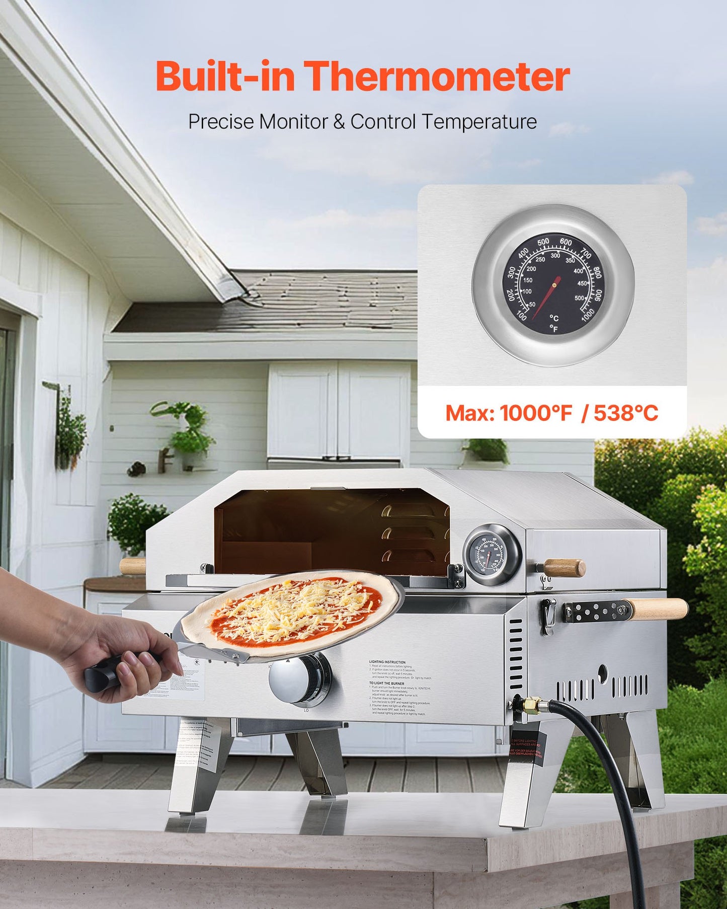 Portable Outdoor Gas Pizza Oven – 13" with Cordierite Stone & Built-In Thermometer