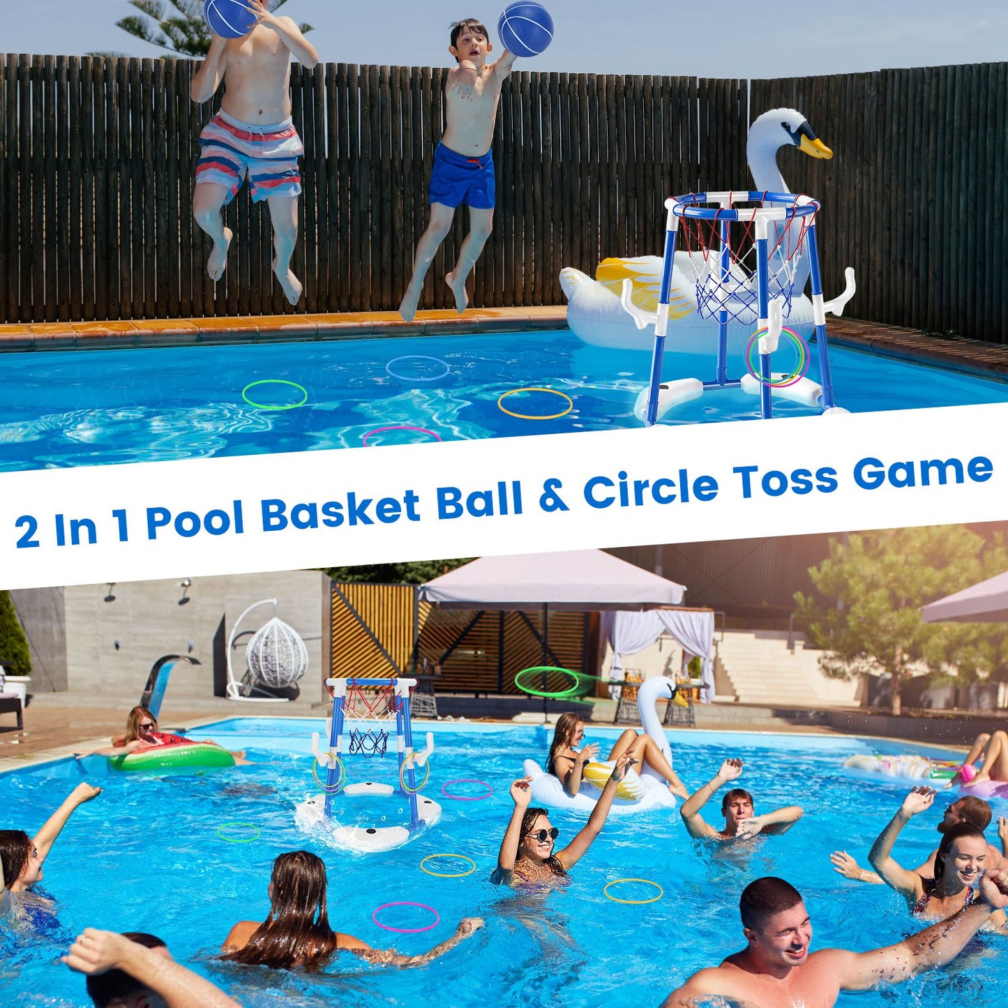 Floating Pool Basketball Hoop Set – 4 Balls & 4 Rings for Kids & Adults