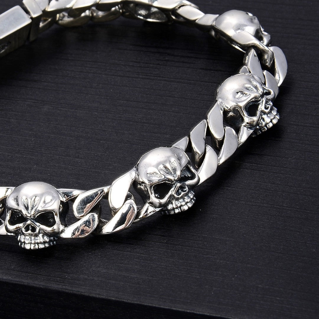 Sterling Silver Skull Bracelet Men's Punk Hand Jewelry