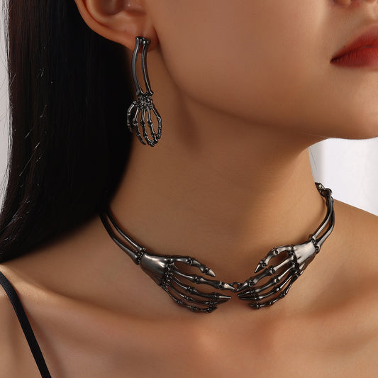 Metal Retro Skeleton Hand  Necklace And Earrings Set
