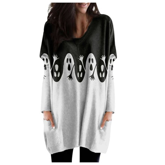 Halloween Women's Long Ghost Pumpkin Printed Top