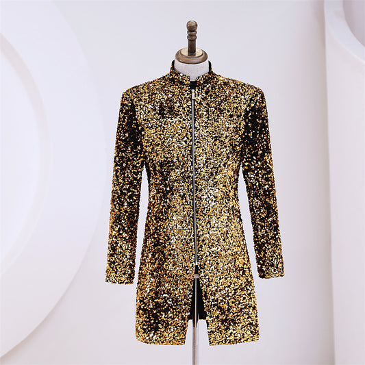 Men's Gold Sequin Zipper Jacket stand up collar