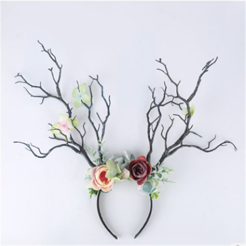 Gothic Antlers Deer Horns Flower Hair Band Christmas Headband Cosplay Fashion Christmas Head Dress Party Supplies