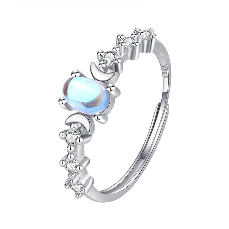 S925 Sterling Silver Moonstone Ring Female Elegant Jewelry Opening