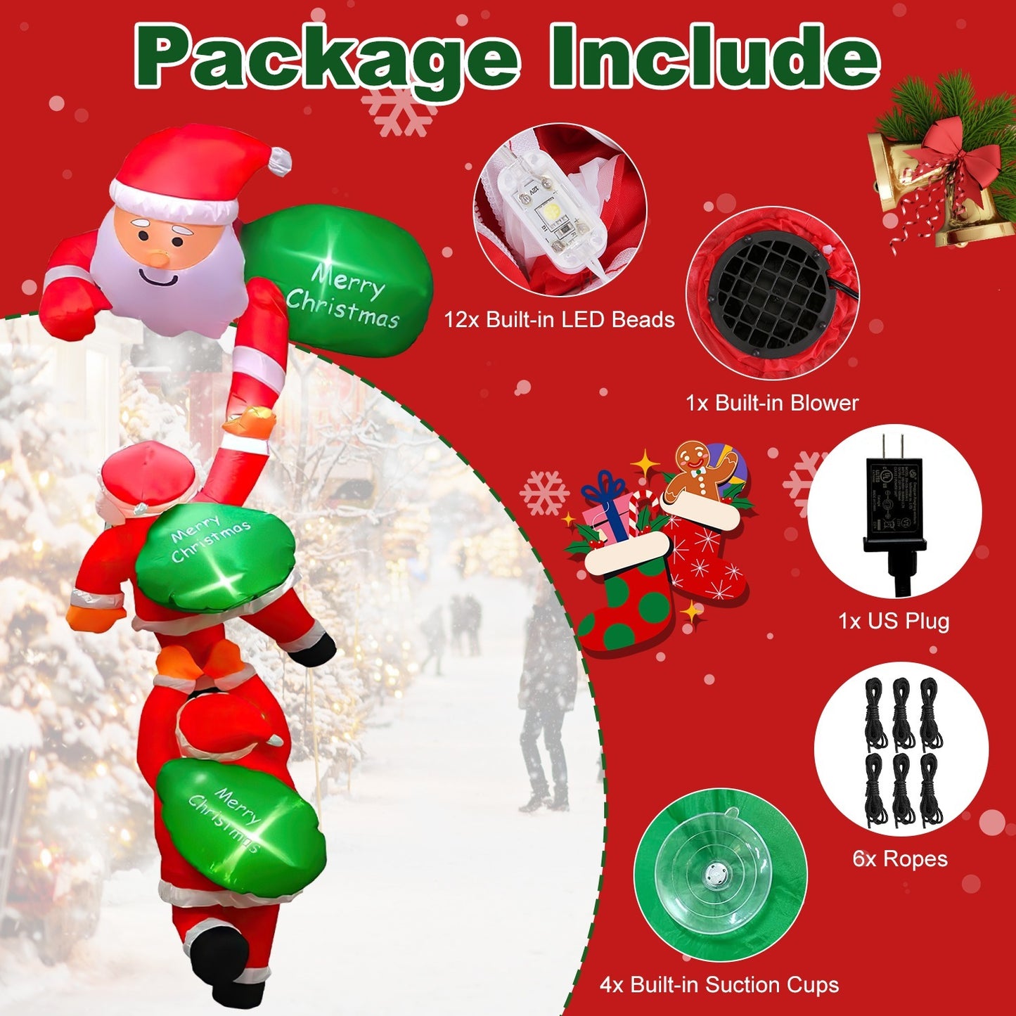 1Pc 8FT Climbing Inflatable Santa Claus With Light Hanging Blow Up Christmas Inflatable