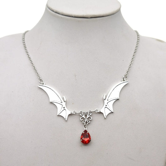 Bat Wings Necklace w Black or Red Gem