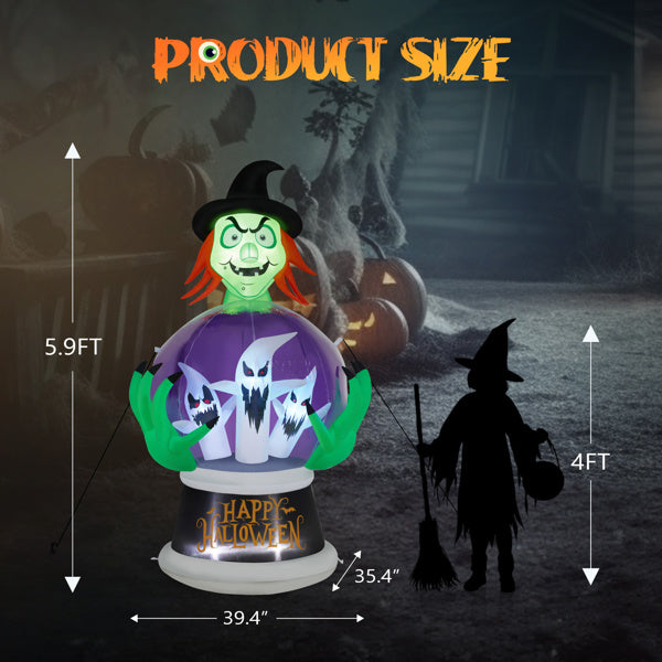 5.9ft Witch w/Crystal Ball With 3 LED Lights And 3 RGB Lights