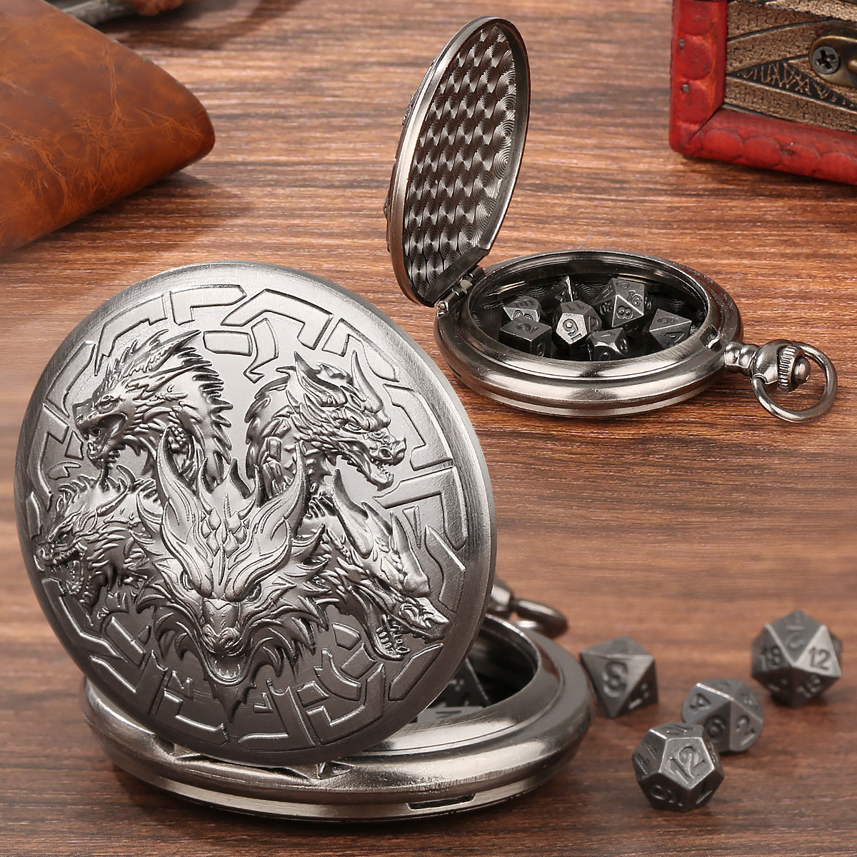 Steampunk Pocket Watch Dice Set – 7-Piece Metal Polyhedral DnD Dice