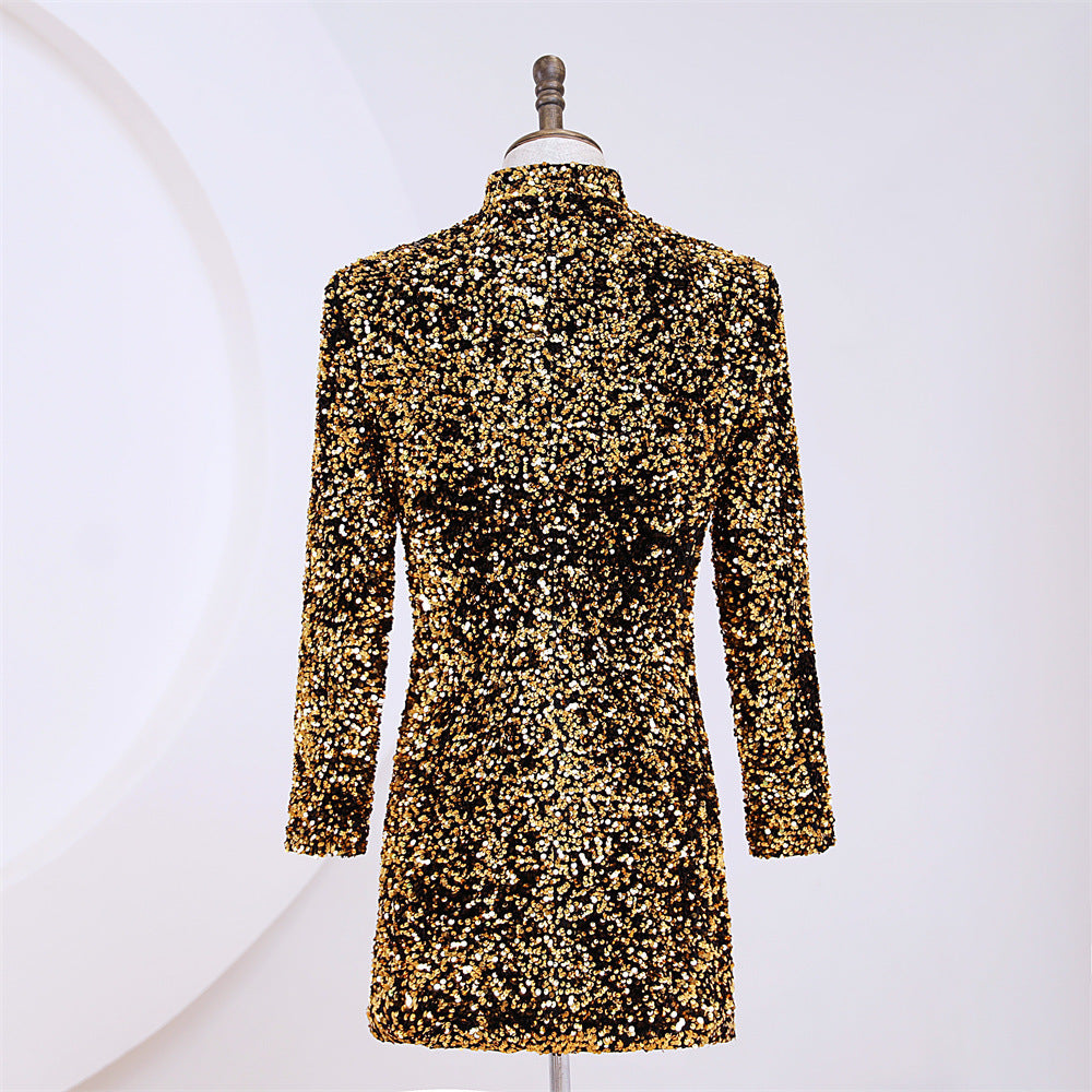 Men's Gold Sequin Zipper Jacket stand up collar
