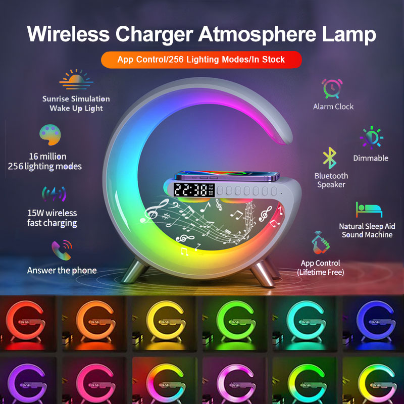 G-Shaped LED Lamp Bluetooth Speaker – Wireless Charger, App Control & Atmosphere Light for Bedroom