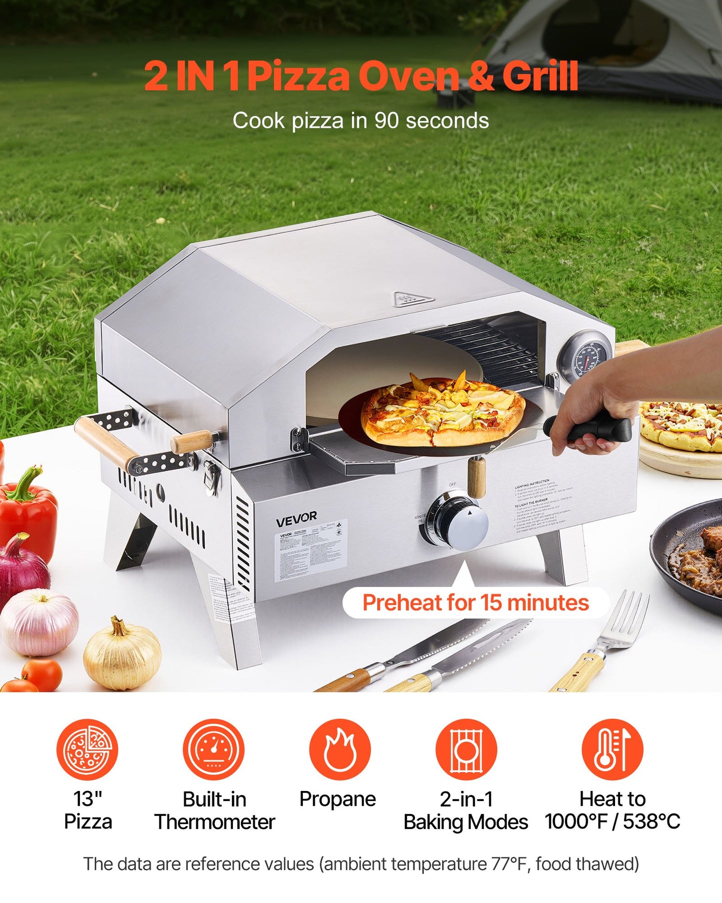 Portable Outdoor Gas Pizza Oven – 13" with Cordierite Stone & Built-In Thermometer