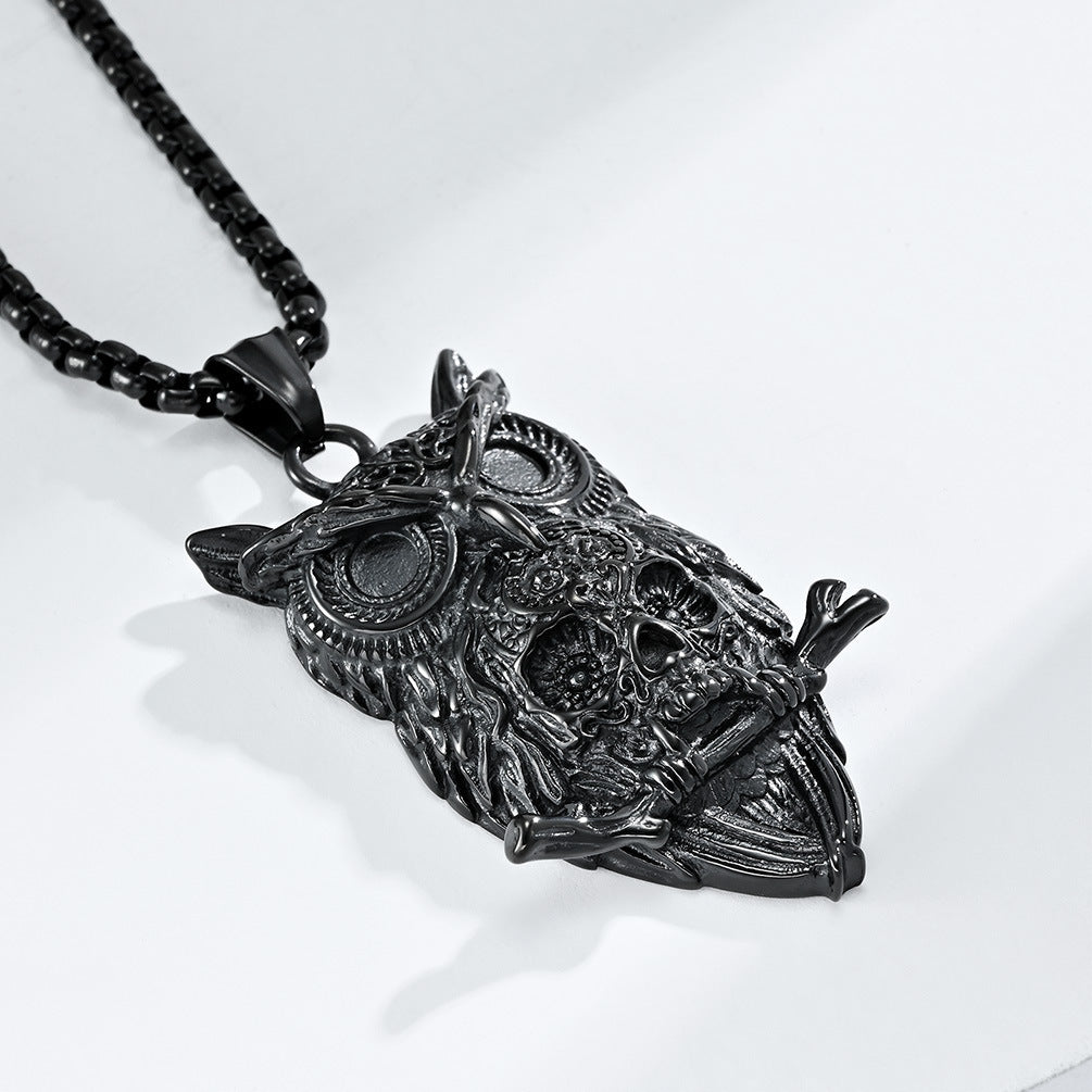 Jewelry Titanium Steel Owl Skull Necklace