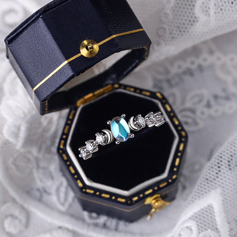 S925 Sterling Silver Moonstone Ring Female Elegant Jewelry Opening