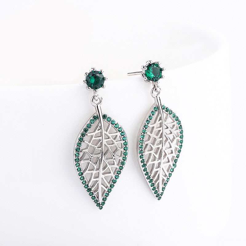 S925 Sterling Silver Jewelry Leaf Stud Earrings With Green Gems