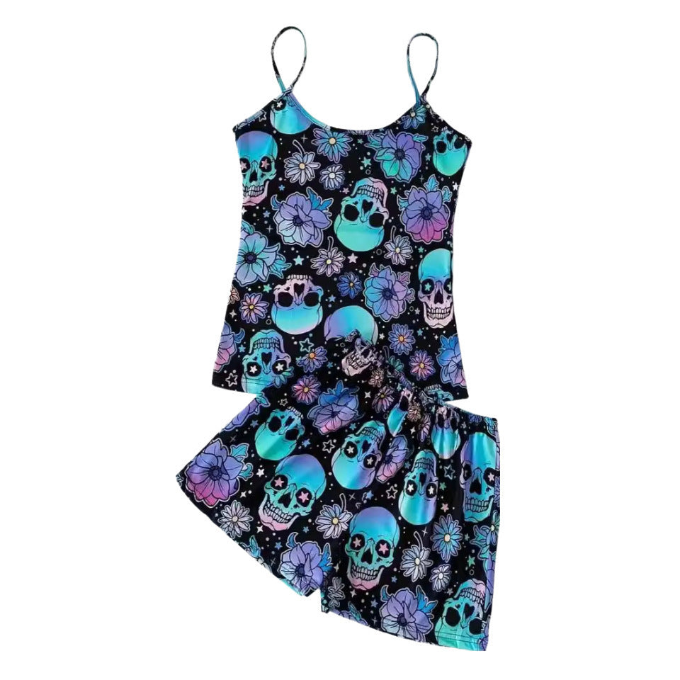 Halloween Skull Bone Flower Print Pajamas Suit