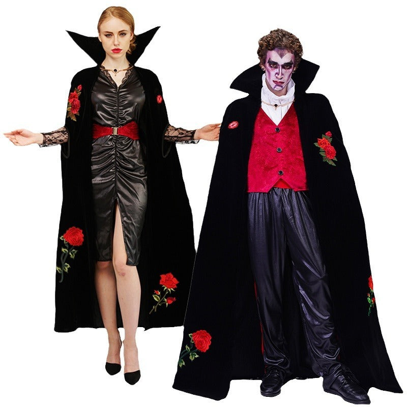Couples Vampire Costume with Rose Embroidered Cape