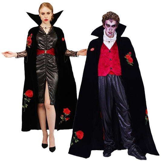 Couples Vampire Costume with Rose Embroidered Cape