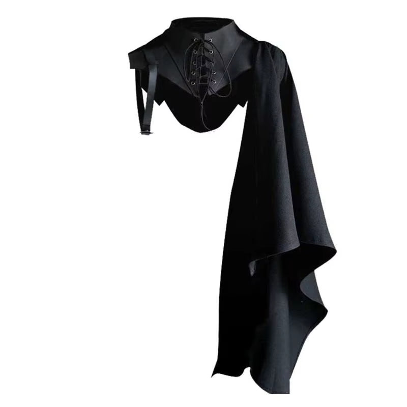 Medieval Black Cloak Single Shoulder Retro Gothic Punk Lace up Costume Crusader Gear for Adult