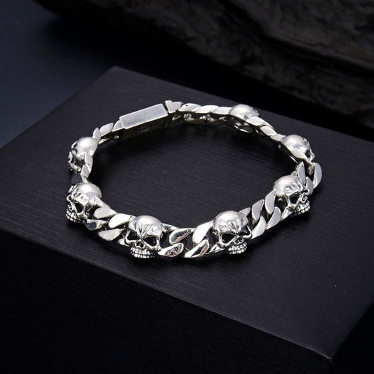 Sterling Silver Skull Bracelet Men's Punk Hand Jewelry