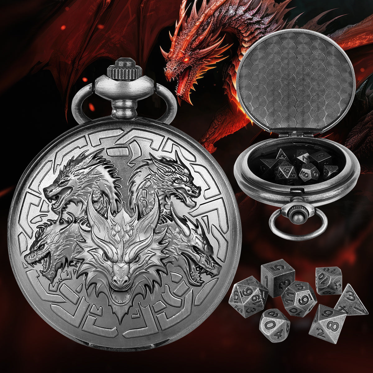 Steampunk Pocket Watch Dice Set – 7-Piece Metal Polyhedral DnD Dice