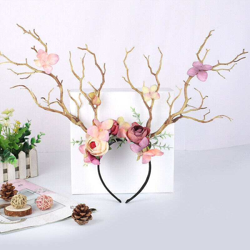 Gothic Antlers Deer Horns Flower Hair Band Christmas Headband Cosplay Fashion Christmas Head Dress Party Supplies
