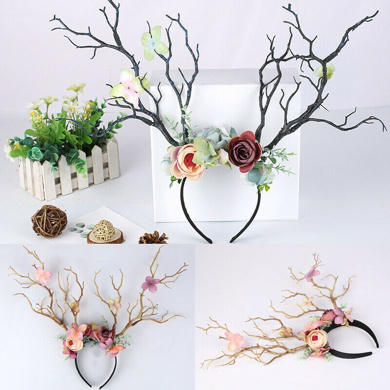 Gothic Antlers Deer Horns Flower Hair Band Christmas Headband Cosplay Fashion Christmas Head Dress Party Supplies
