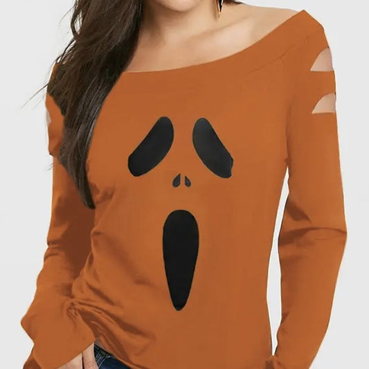 Ladies' Pumpkin Printed Diagonal Collar Long Sleeve Gothic T-shirt