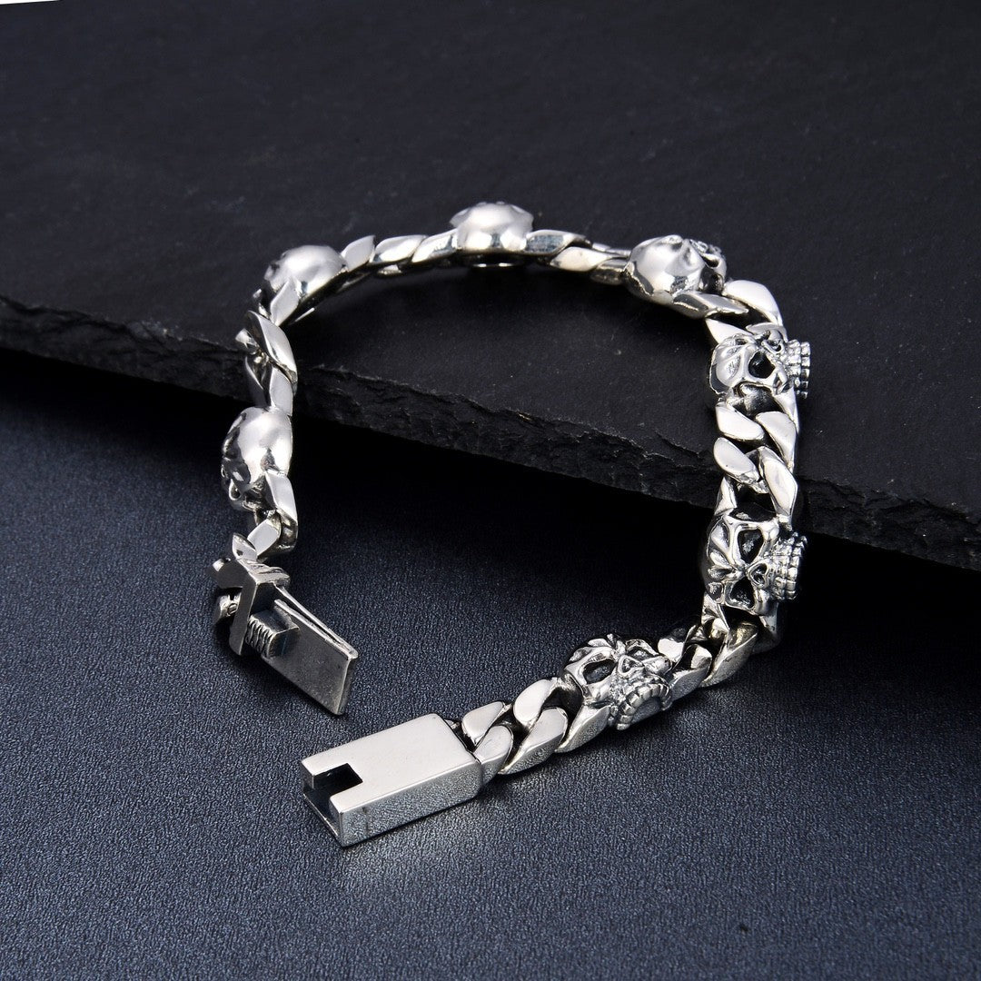 Sterling Silver Skull Bracelet Men's Punk Hand Jewelry