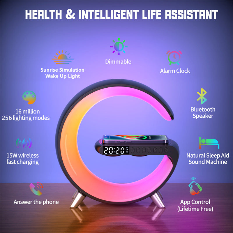 G-Shaped LED Lamp Bluetooth Speaker – Wireless Charger, App Control & Atmosphere Light for Bedroom