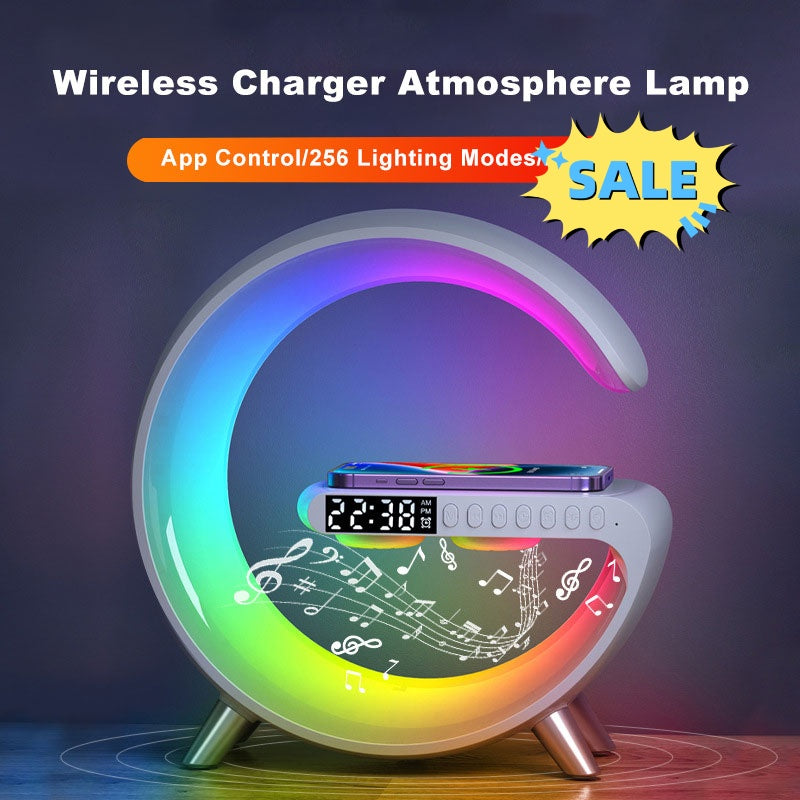 G-Shaped LED Lamp Bluetooth Speaker – Wireless Charger, App Control & Atmosphere Light for Bedroom