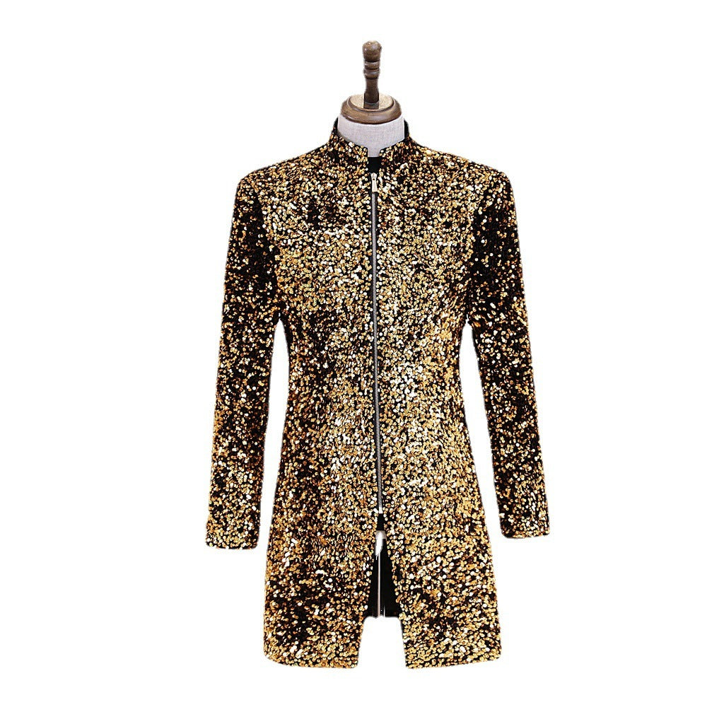 Men's Gold Sequin Zipper Jacket stand up collar