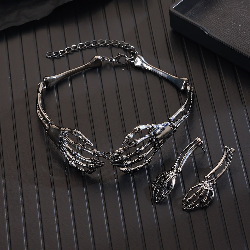 Metal Retro Skeleton Hand  Necklace And Earrings Set