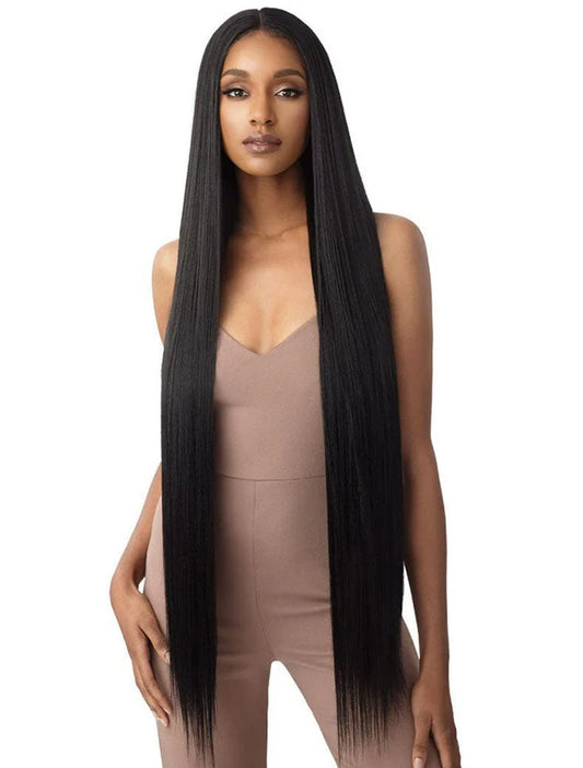 36 Inch Long Yaki Straight Lace Front Synthetic Wig Middle Parting Hd Clear Glueless Lace Wig Heat Resistant Fiber Pre-Plucked Hairline with Baby Hair Wigs for Women