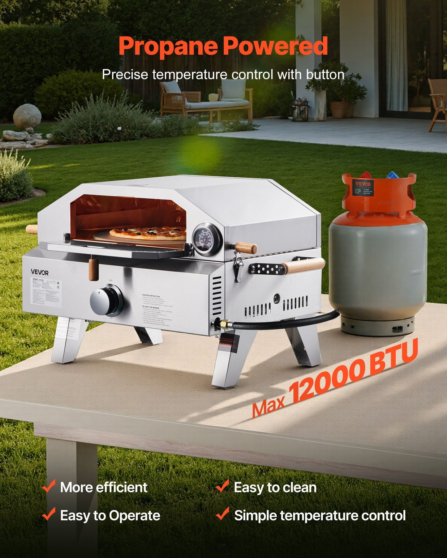 Portable Outdoor Gas Pizza Oven – 13" with Cordierite Stone & Built-In Thermometer