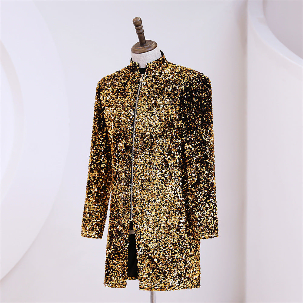 Men's Gold Sequin Zipper Jacket stand up collar